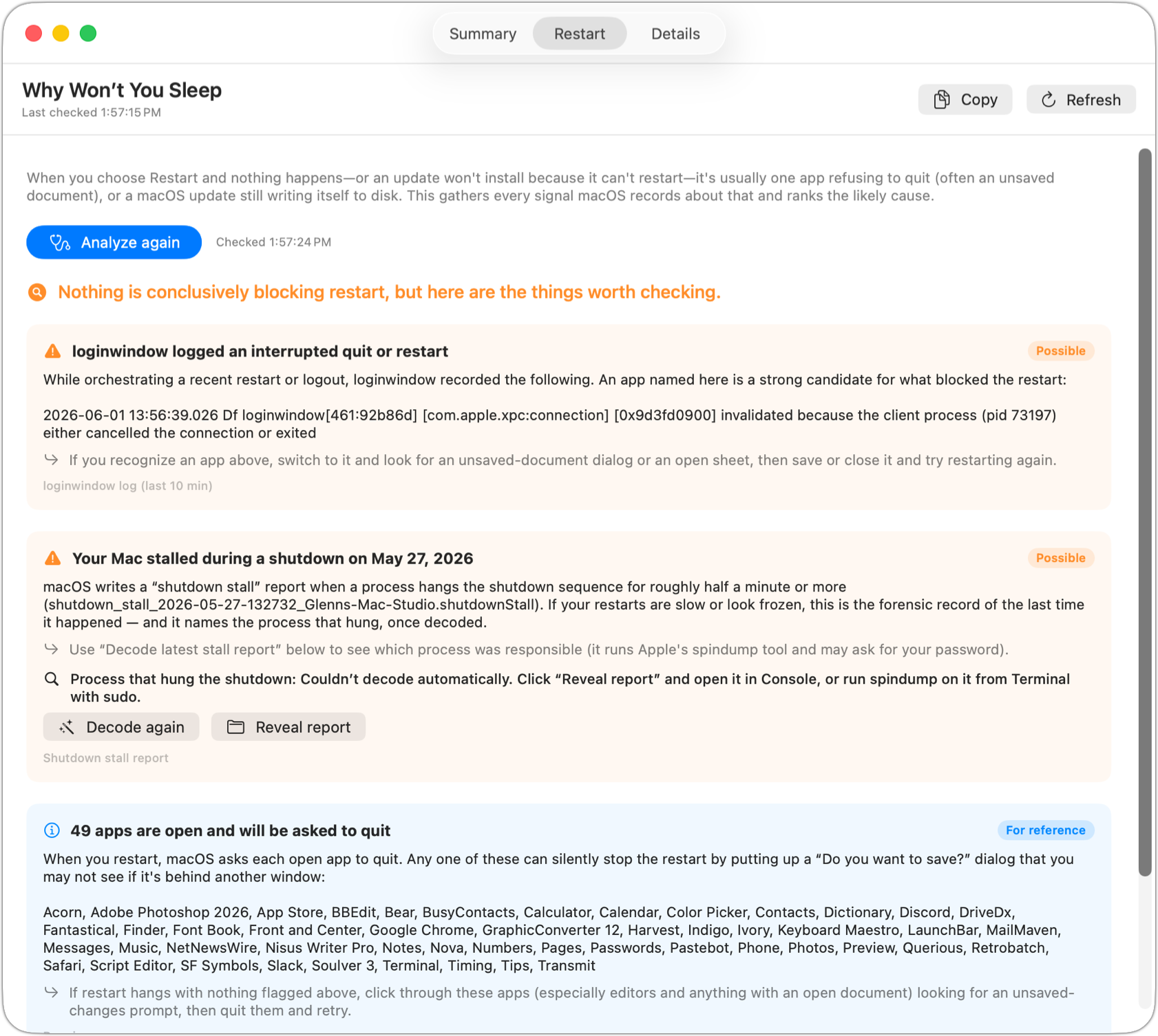 The Why Won&rsquo;t You Sleep Restart tab after clicking Analyze, showing ranked findings: an interrupted quit logged by loginwindow, a prior shutdown stall with a button to decode it, and a checklist of the open apps macOS will ask to quit.