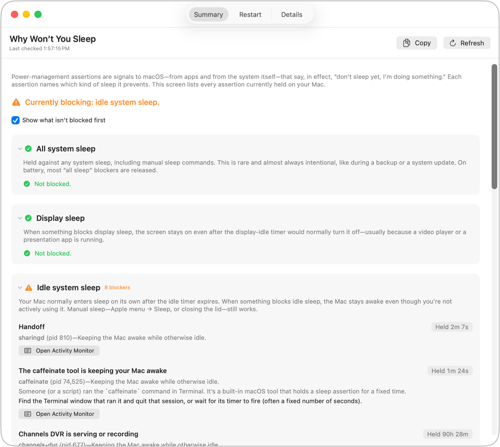 The Why Won&rsquo;t You Sleep Summary tab, with a verdict line at top and collapsible sections for each kind of sleep. Each blocker shows a plain-English headline, the responsible process, the time held, and a one-line call to action.